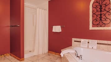 Shower, jetted tub, hair dryer, towels