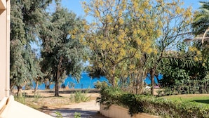A pathway leading to a beach with trees and a clear blue sky. - Sun Beach Apartments (Chania)