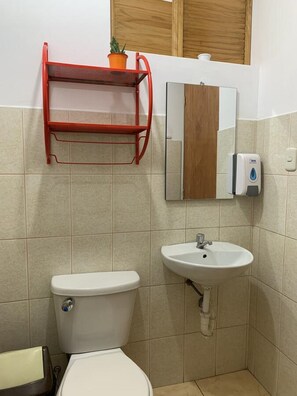 Shower, rainfall showerhead, designer toiletries, towels