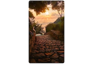 Stroll along the winding stone pathway to a serene body of water surrounded by lush greenery.