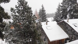 A wooden cabin with a snow-covered roof and chimney, surrounded by snow-laden trees. - Chalet 6/7 people at the foot of the Pyrenees 2000 slopes in the forest (Bolquère)