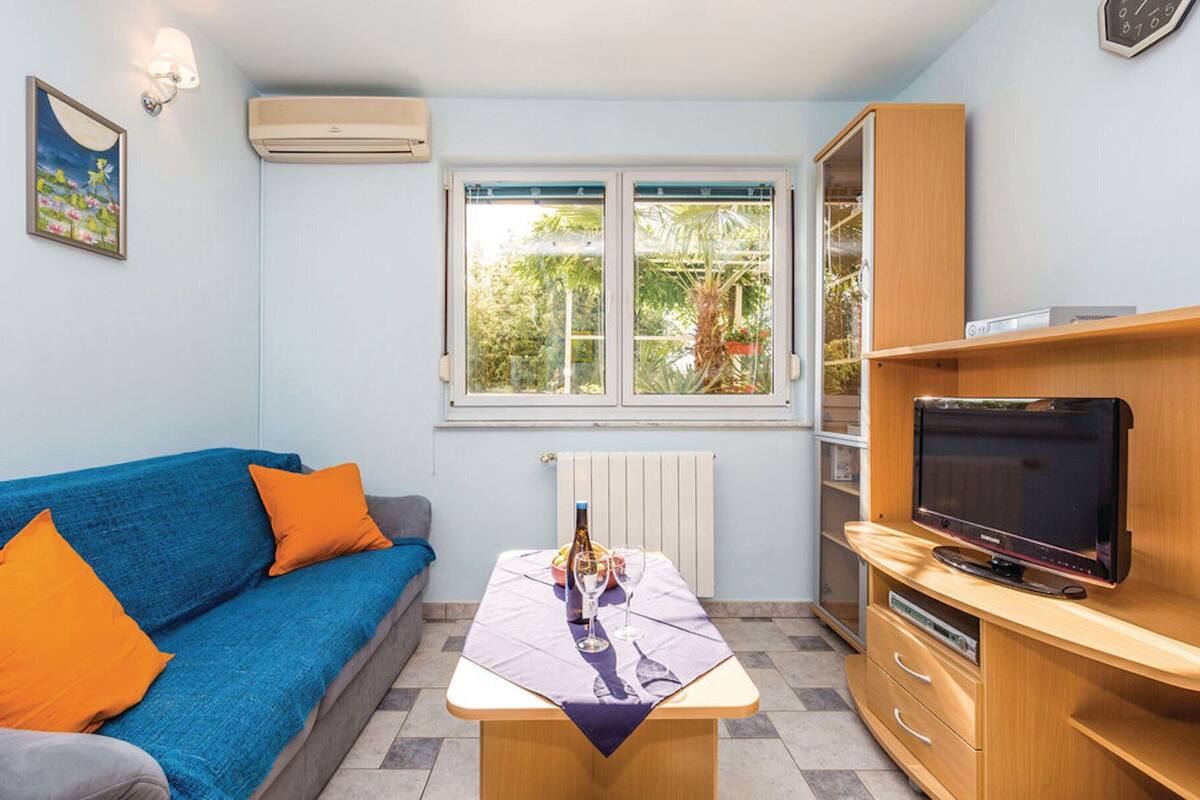 Ein Zimmer mit einem blauen Sofa, einem Tisch mit Flasche und Gläsern, einem Fernseher auf einer Holzkommode und einem Fenster mit Blick auf Grünflächen.