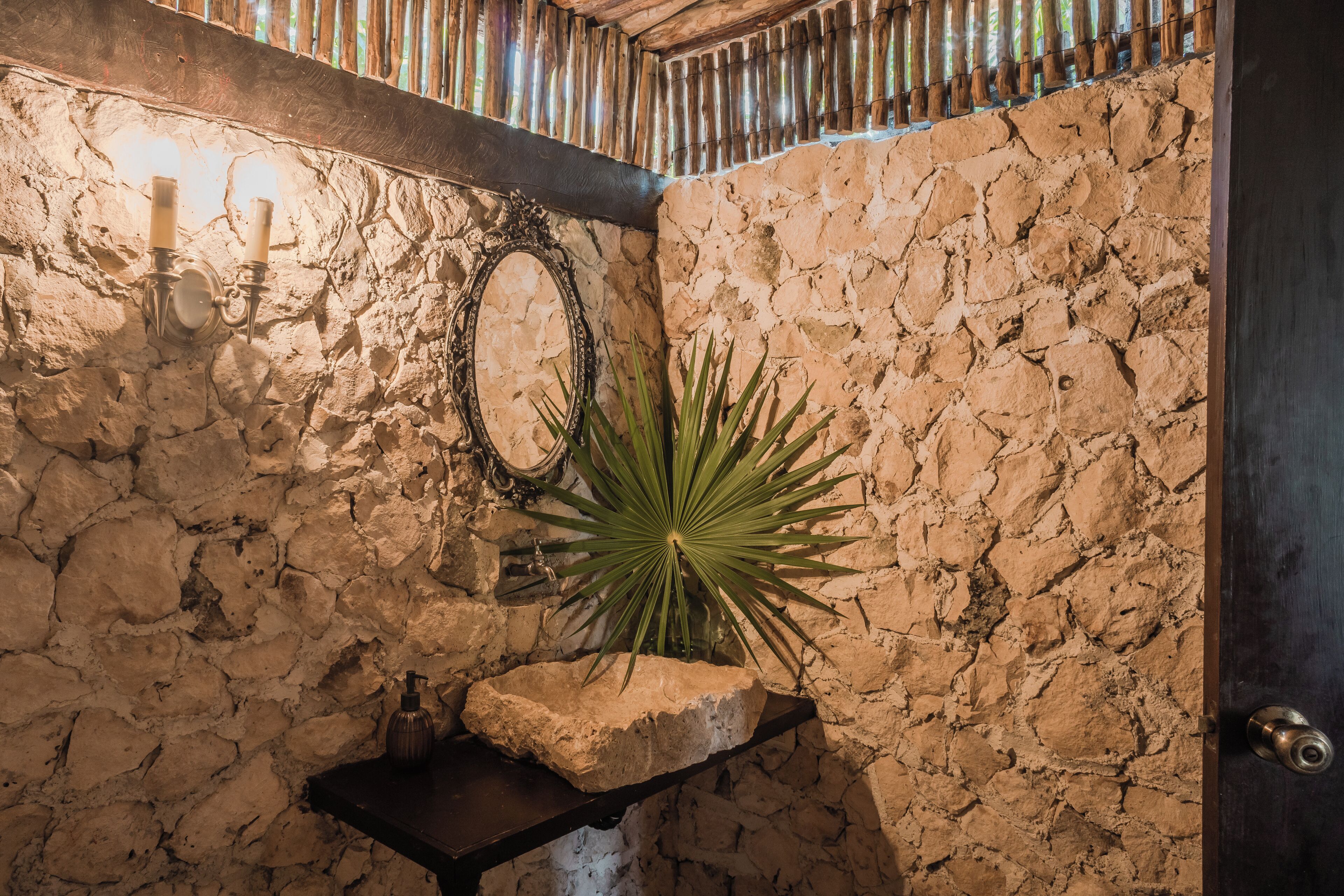 Pared de piedra con techo de madera rústica, un espejo colgado en la pared, una planta en maceta y un pequeño estante con una botella.