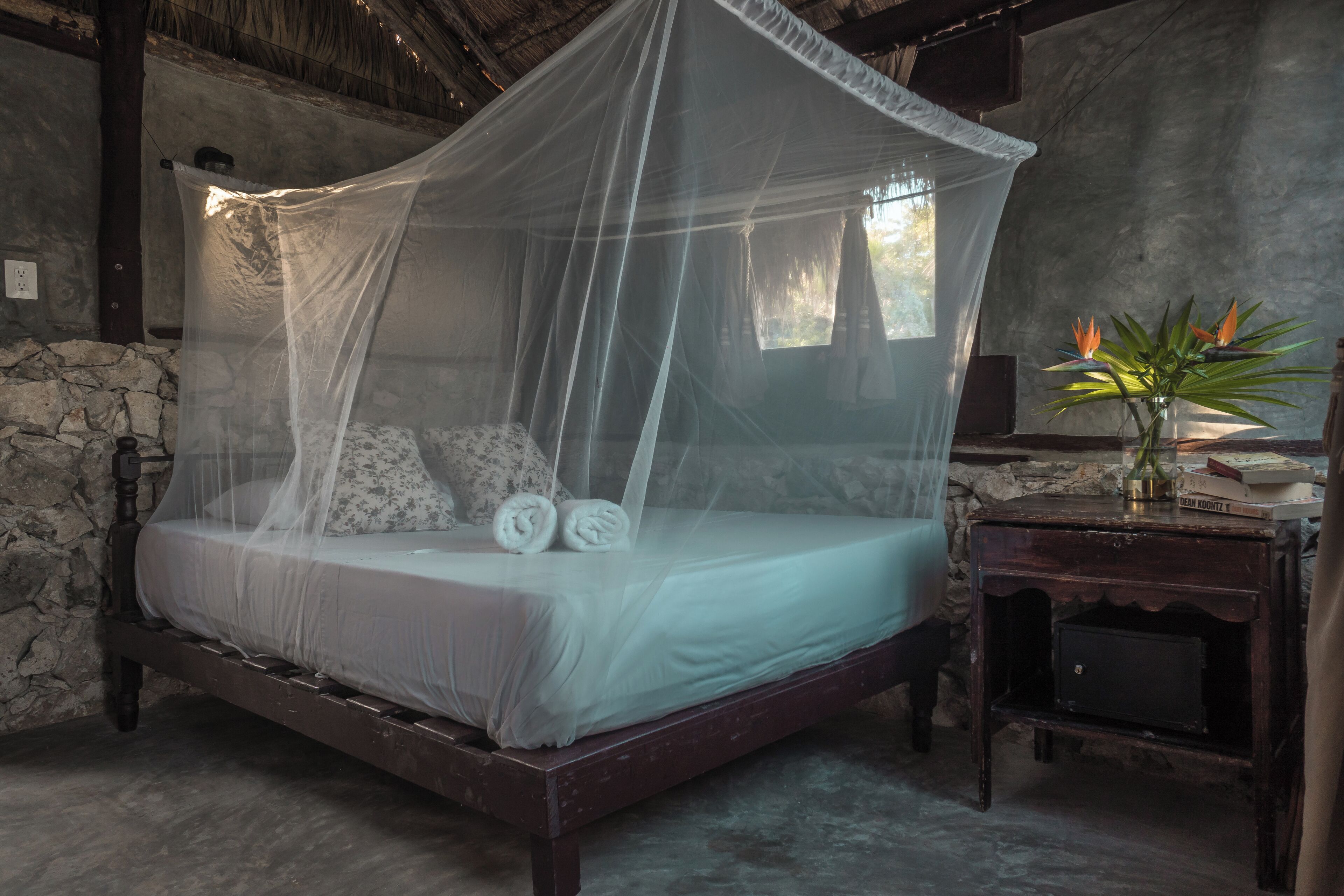 A bed with a canopy, a stone wall, and a small table with a plant and books.