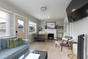 TV, fireplace, books