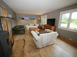 Een televisie, een open haard, een dvd-speler en een tafeltennistafel