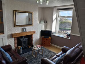 TV, fireplace, books, stereo