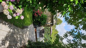 A paved pathway with a stone wall, a grassy area with hydrangea flowers, and a view of a building with a brick facade. - Lake house 74 luxury accommodation with iR Sauna (Warmond)