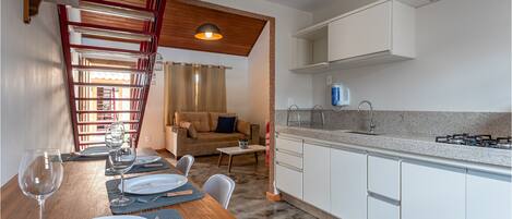 Full-sized fridge, stovetop, coffee/tea maker, toaster