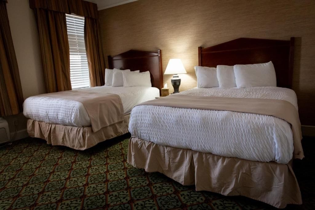 A hotel room with two beds, a window with curtains, a bedside lamp, and a patterned floor.