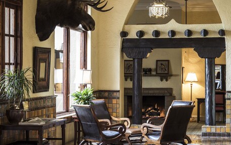 A cozy lobby with a fireplace, leather chairs, and a mounted moose head.