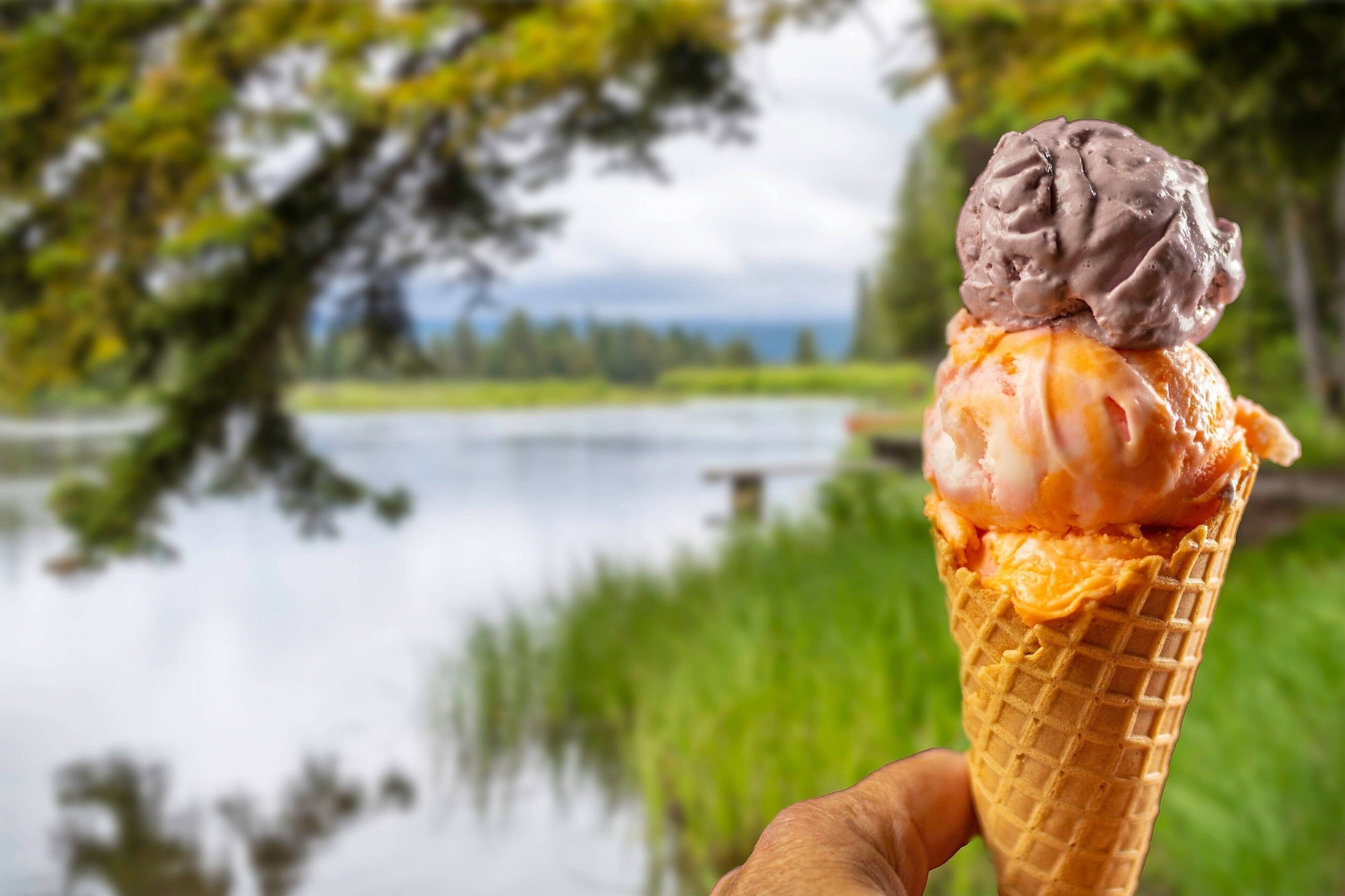 A hand holding a waffle cone with two scoops of ice cream, one chocolate and one orange, with a lake and greenery in the background.