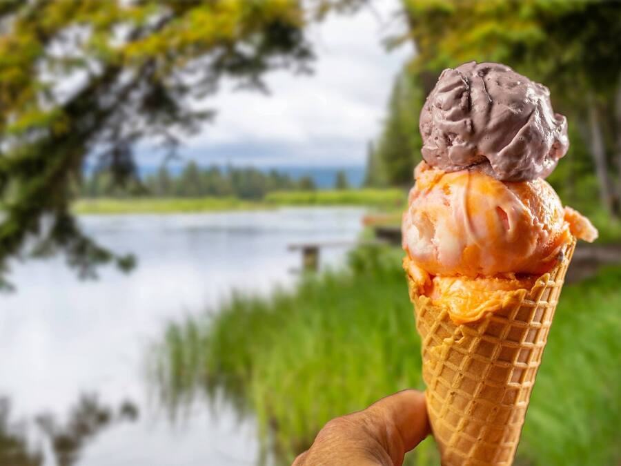 A hand holding a waffle cone with two scoops of ice cream, one chocolate and one orange, with a lake and greenery in the background.