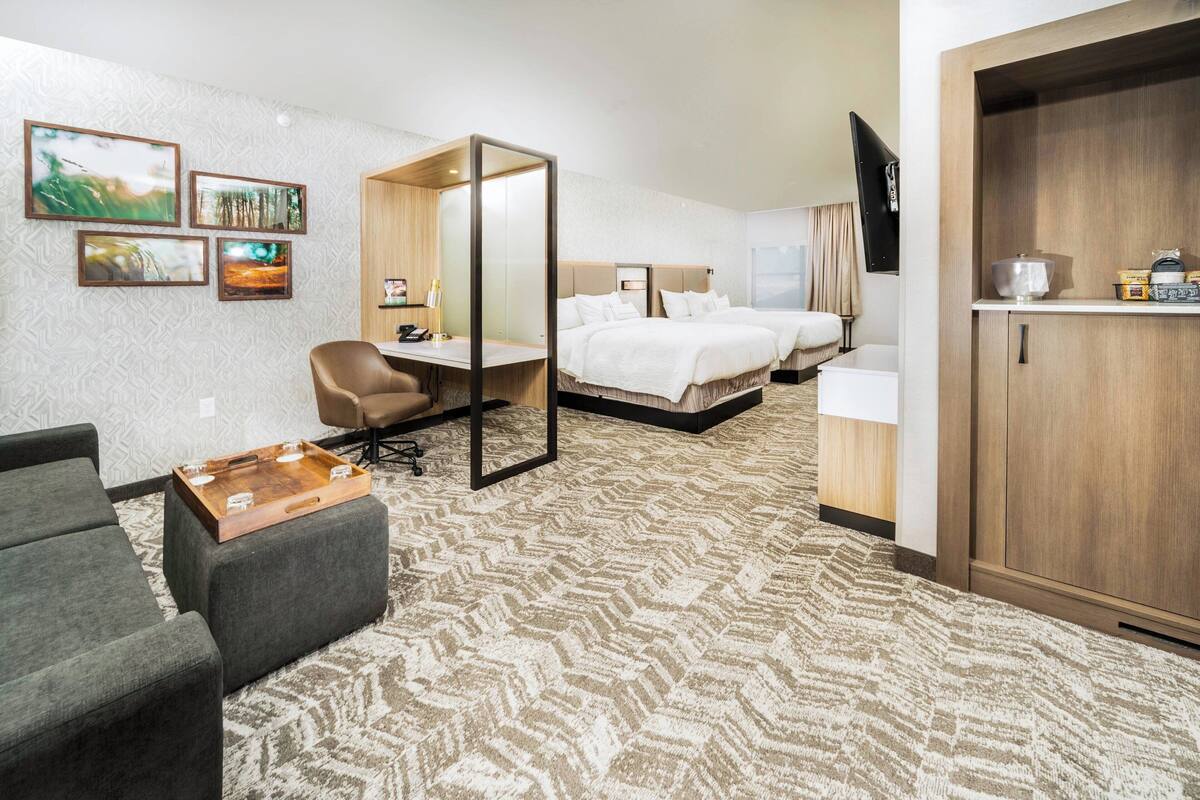 Een hotelkamer met een groot bed, een bureau met stoel, een bank, een televisie en een kledingkast.
