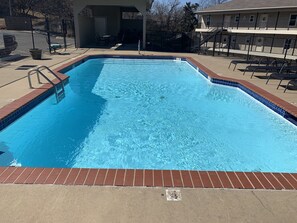 A rectangular swimming pool with a brick border and a metal ladder. - Great view, on the water (Hot Springs)
