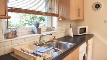 Microwave, coffee/tea maker, cookware/dishes/utensils