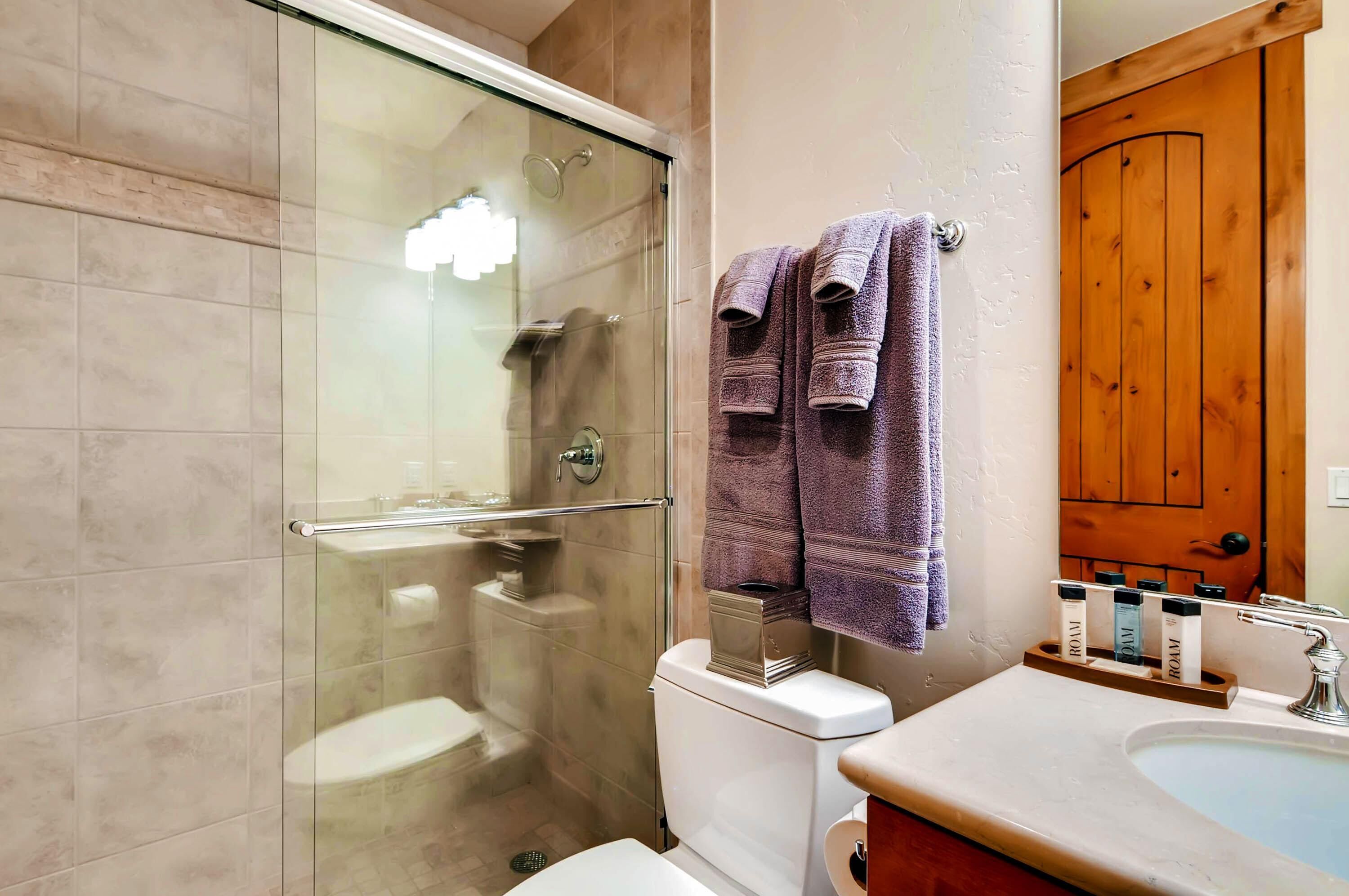 A bathroom with a glass shower enclosure, a toilet, a sink with toiletries, and a wooden door.