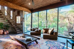 Smart TV, fireplace, books, music library