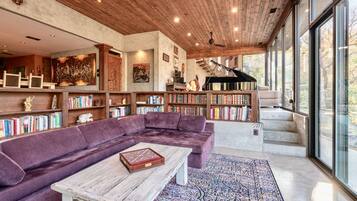 Smart TV, fireplace, books, music library