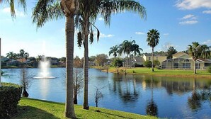 Una vista tranquila de un lago con una fuente, palmeras y casas al fondo.