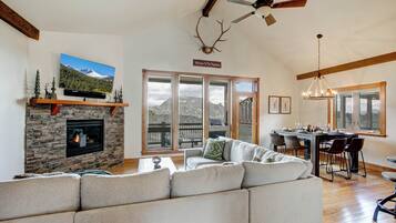 Smart TV, fireplace, video games, DVD player