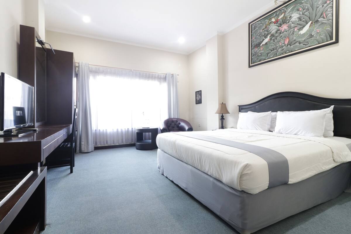 Una habitación de hotel con una cama, televisor, escritorio y una silla.