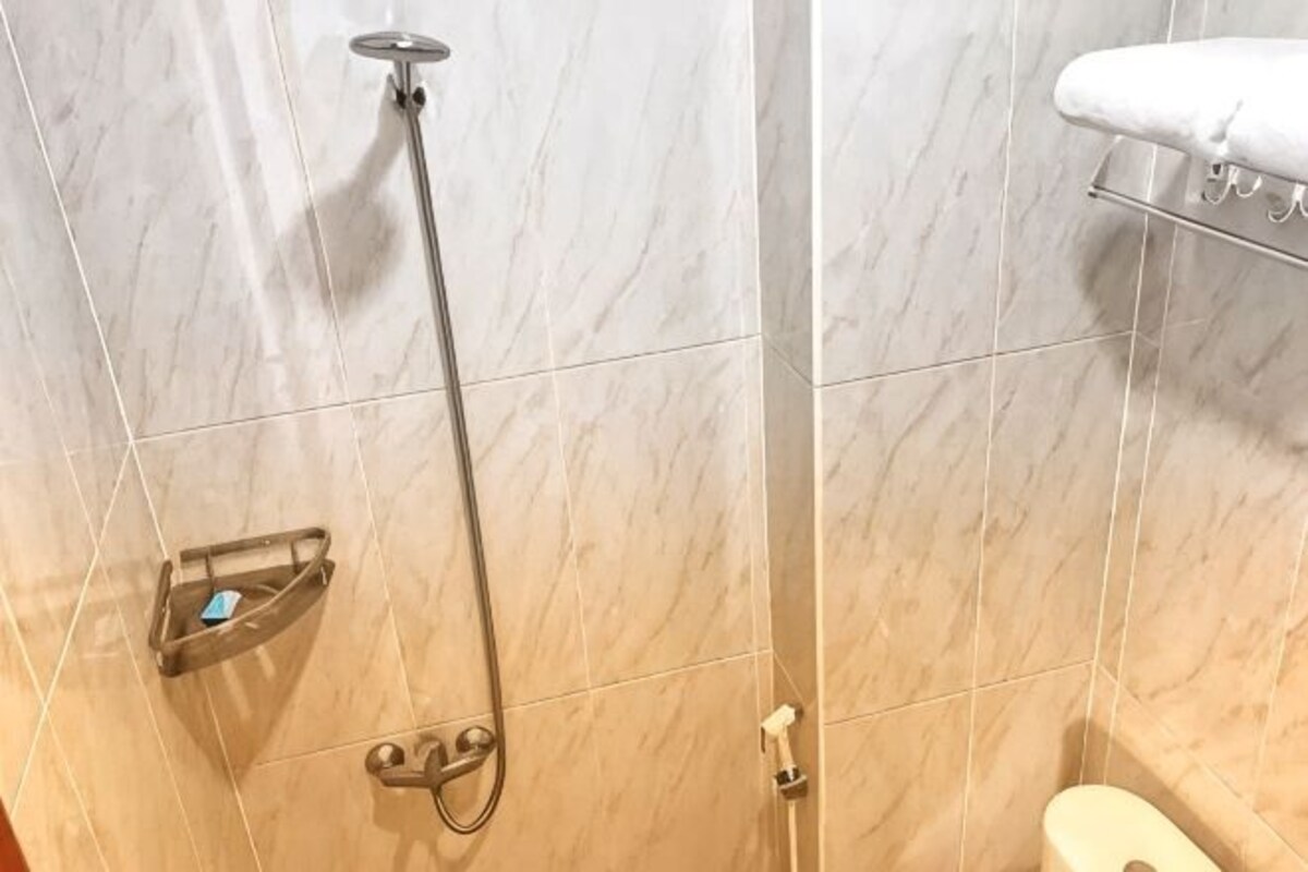 A bathroom with a shower, a toilet, and a towel rack.