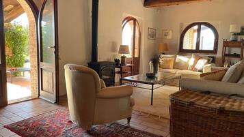 Smart TV, fireplace, books, stereo