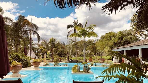 A pool area with wooden deck chairs, palm trees, and a clear blue sky. - Naina Park Resort (La Foa)