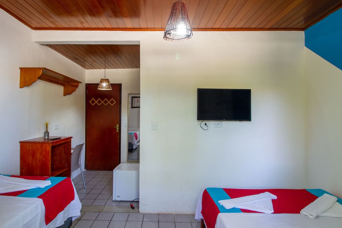 Una habitación con dos camas, techo de madera, televisor en la pared y un escritorio con un florero.