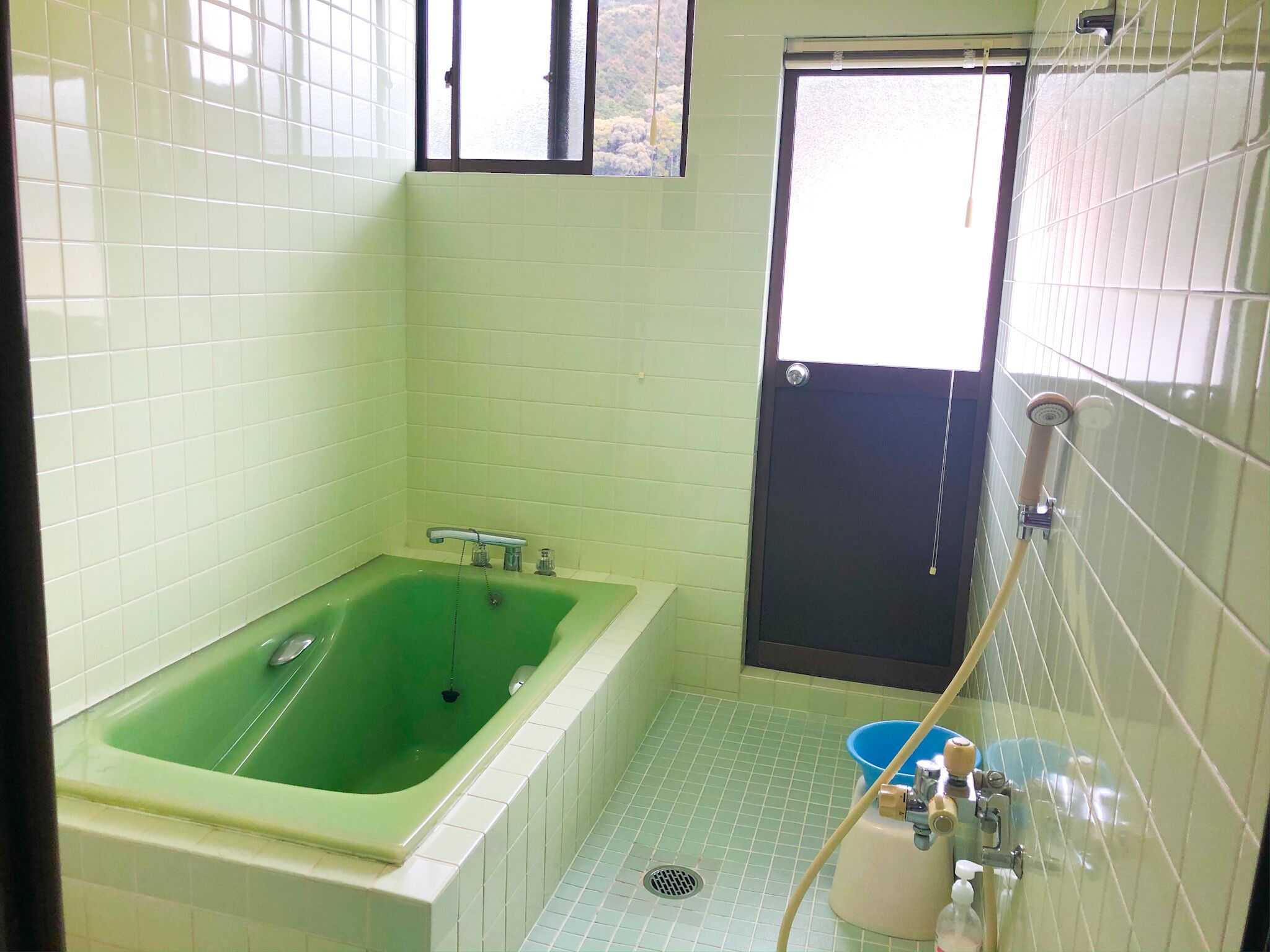 Un baño con una bañera verde, ducha y una puerta que da al exterior.
