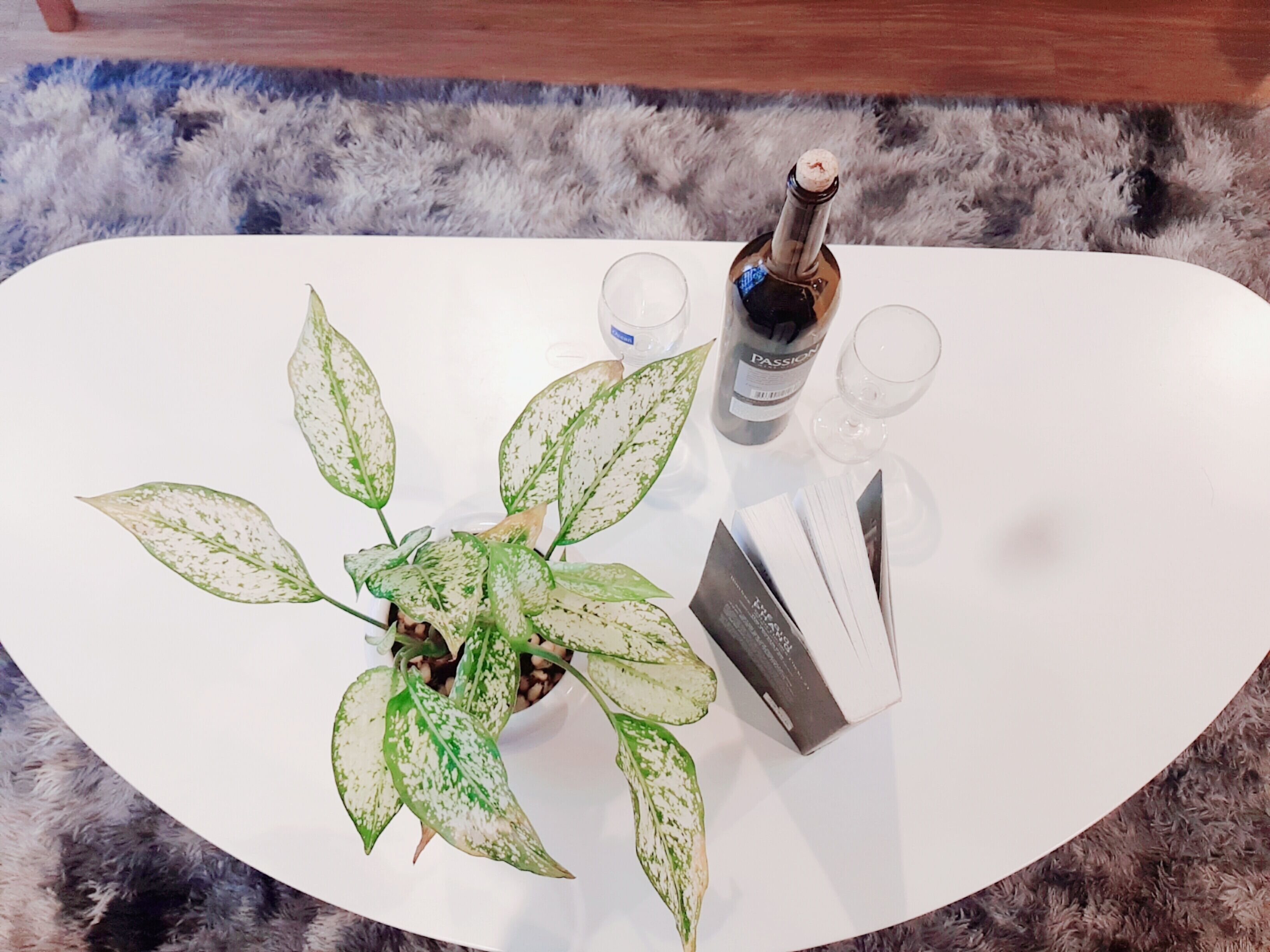 Uma mesa branca com uma planta, uma garrafa de vinho e duas taças.