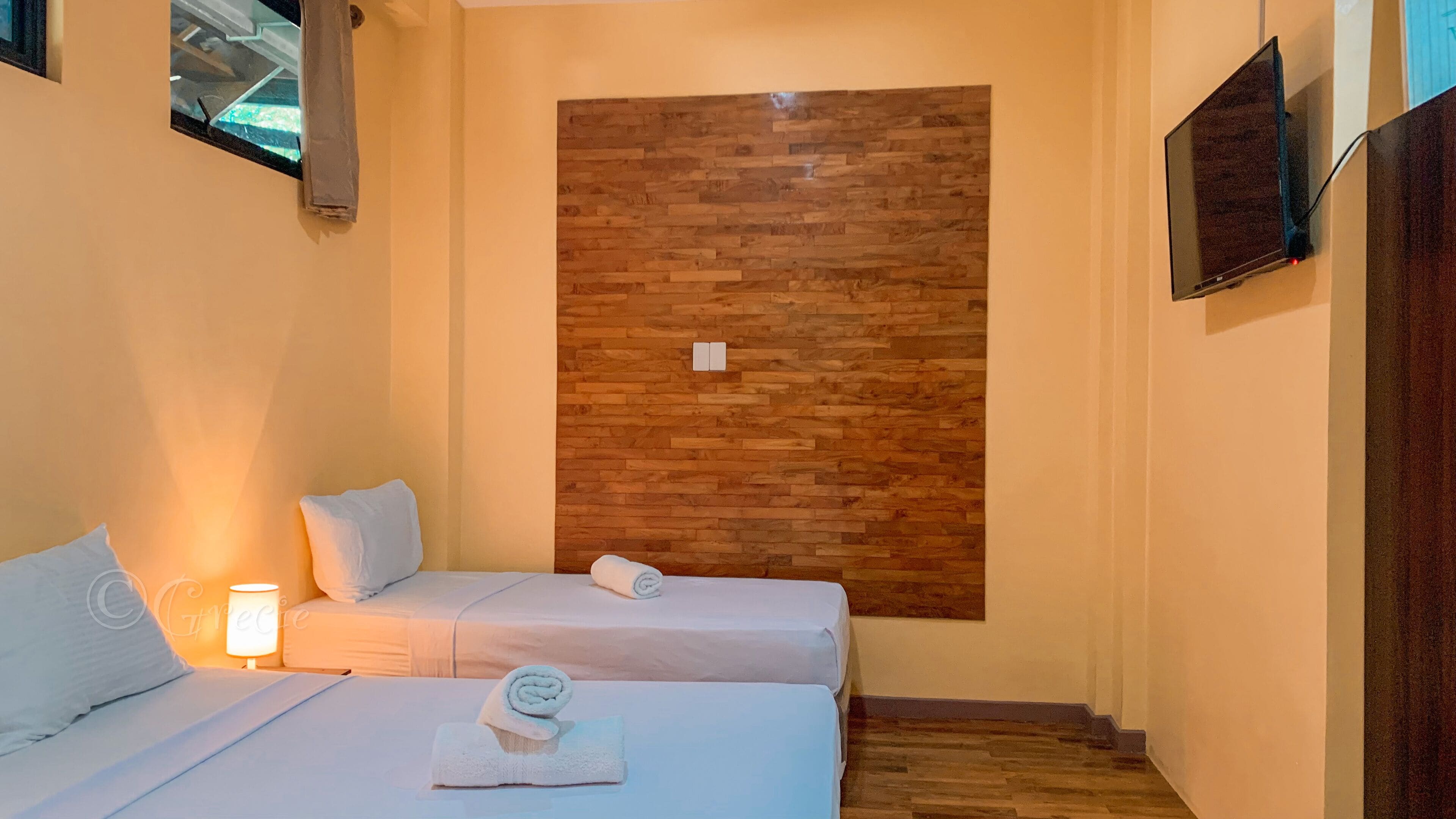 A hotel room with two beds, a wooden accent wall, a TV, and a lamp.