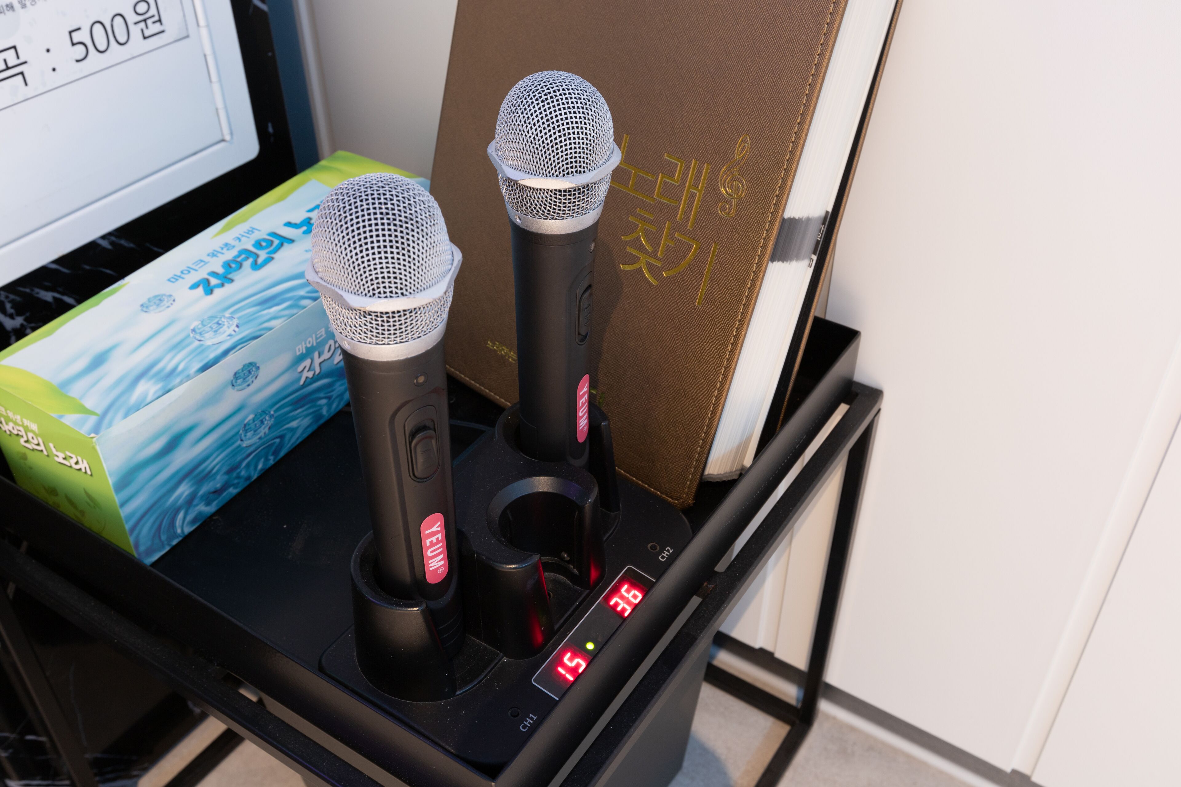 A black electronic device with two microphones and a digital display.