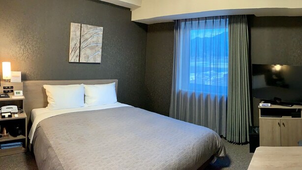 Une chambre d’hôtel avec un grand lit, un téléviseur à écran plat, une table de chevet, une lampe et une fenêtre avec des rideaux.