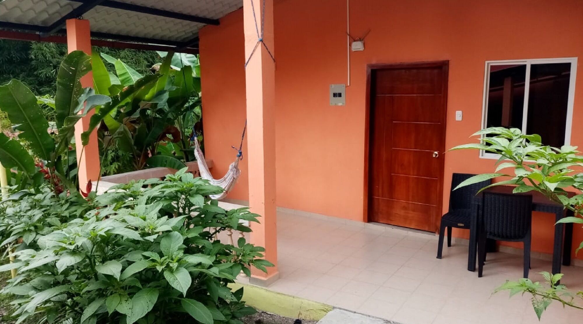 A covered outdoor area with a wooden door, a chair, and potted plants.