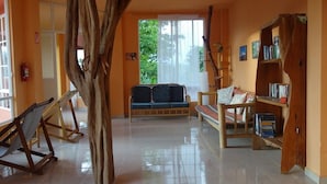 A room with a wooden tree structure, a sofa, a bookshelf, and a window with a view of greenery. - Hostal Tena Ñaui (Tena)