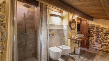 Shower, hair dryer, bidet, towels
