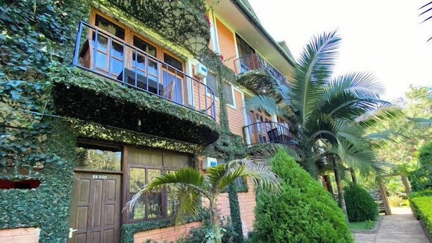 A two-story house with a balcony, surrounded by lush greenery and palm trees.