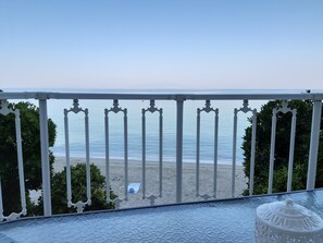A balcony with a view of the sea, white balustrade, and greenery. - Βυθός Μεζονέτα στην παραλία - Αστερίας (Skala Fourkas)