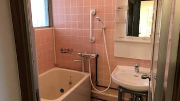 Combined shower/tub, hair dryer, slippers, electronic bidet