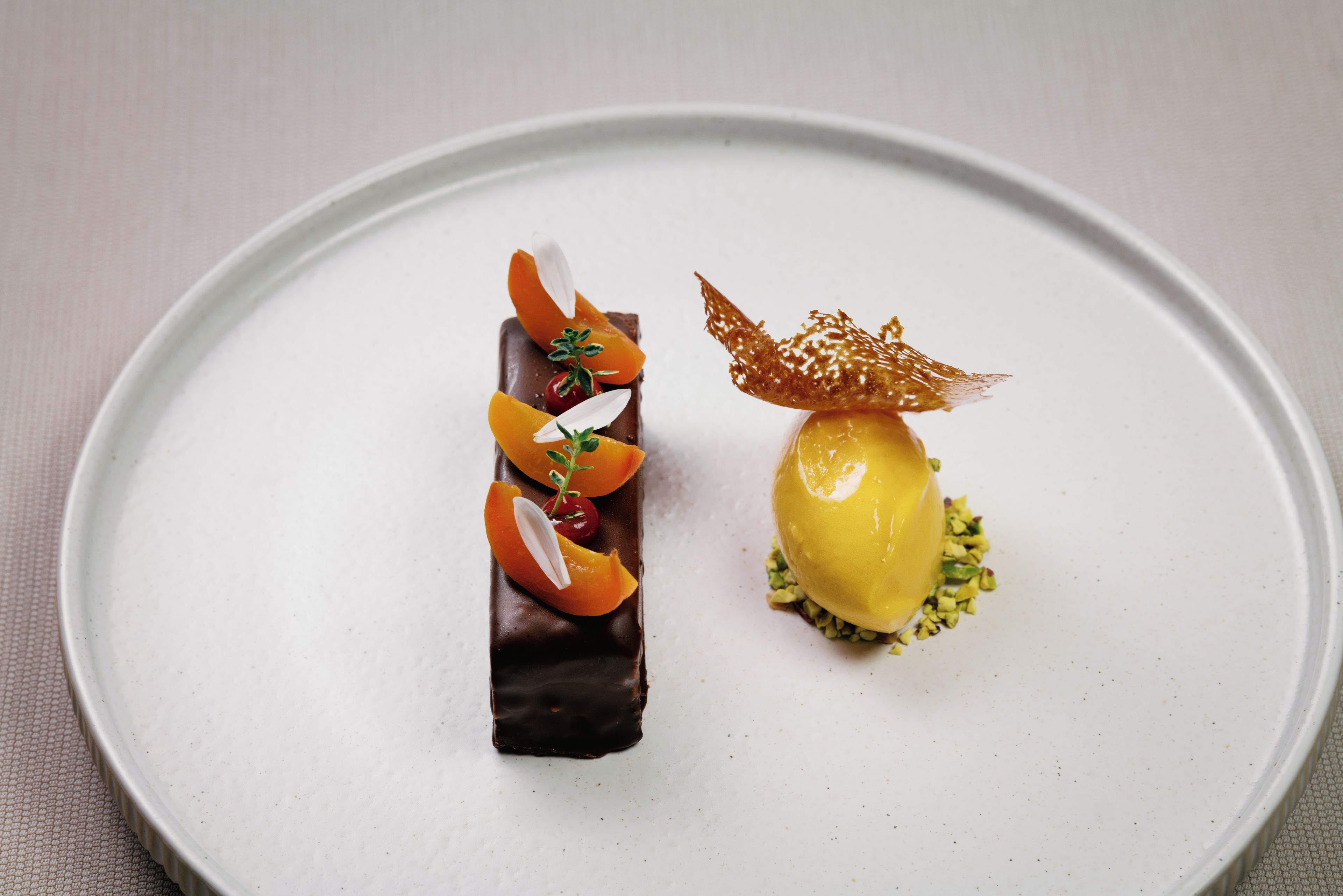 Dessert på hvid tallerken med chokoladebund, toppet med frugtskiver og et dekorativt element.