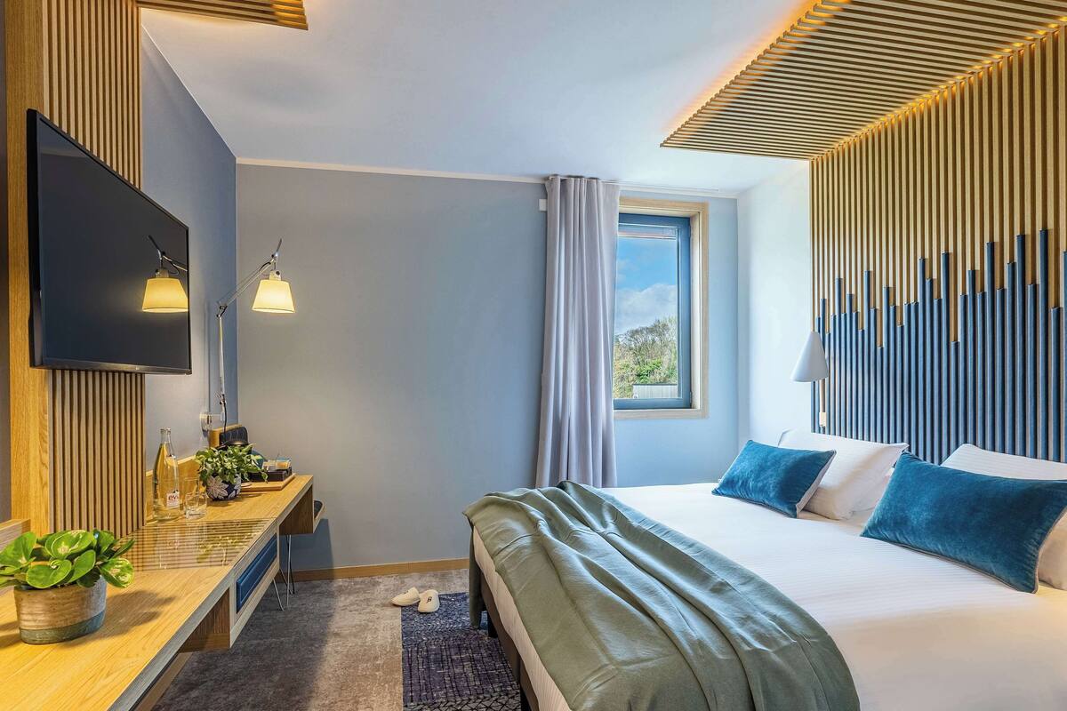 Habitación de hotel moderna con televisión de pantalla plana, lámparas de noche, un escritorio de madera con una planta y una cama con almohadas azules.