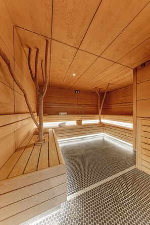 A sauna with wooden benches and a tiled floor. - Domaine de Dolomieu, BW Premier Collection (Dolomieu)