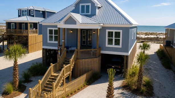 A beachfront house with a covered porch, a staircase leading to a deck, and a view of the ocean. - Beachy Keen | Late October openings. Pool, gulf front, pets (Dauphin Island)