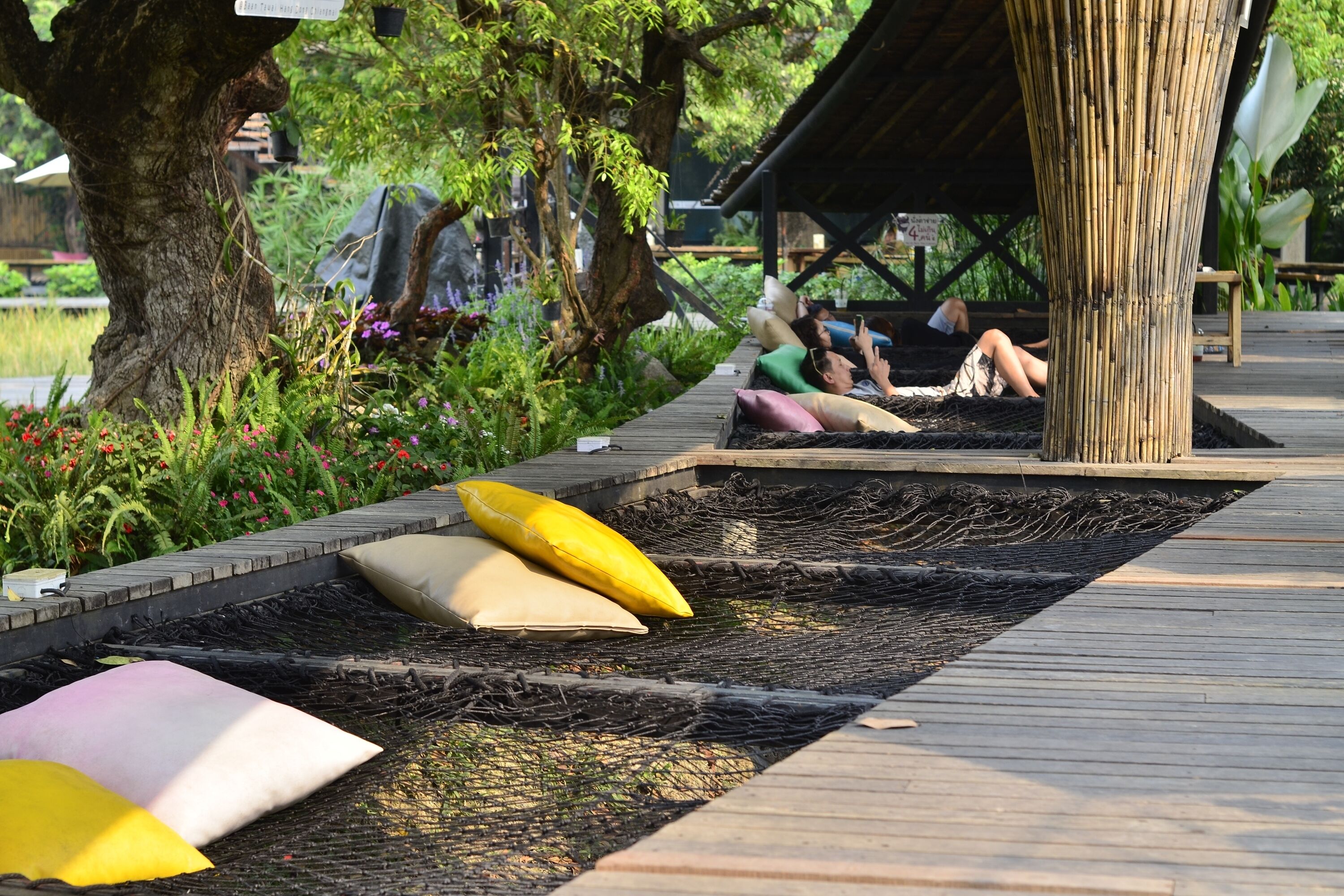 A wooden deck with a hammock and pillows, surrounded by greenery and a tree.