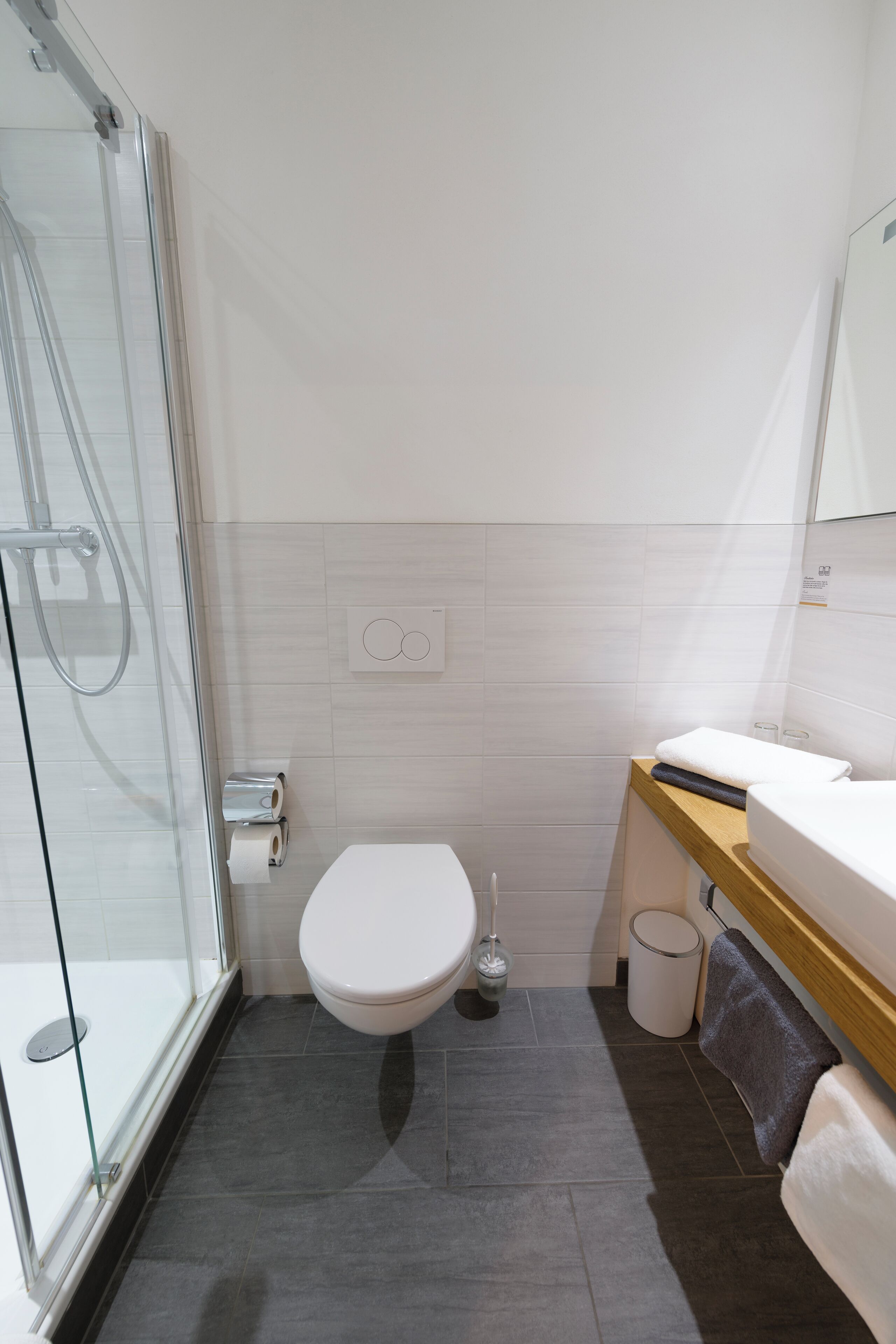 classic double room | bathroom | shower, hair dryer, towels, soap