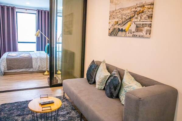 Comfort Apartment, 1 Bedroom | Living area - Apartment 450m from BTS with Sky Pool - bkbloft5 (Samut Prakan)