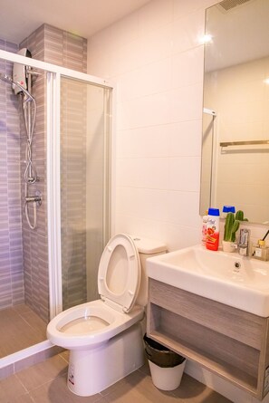 Casa de banho com chuveiro, sanita, lavatório e espelho.
