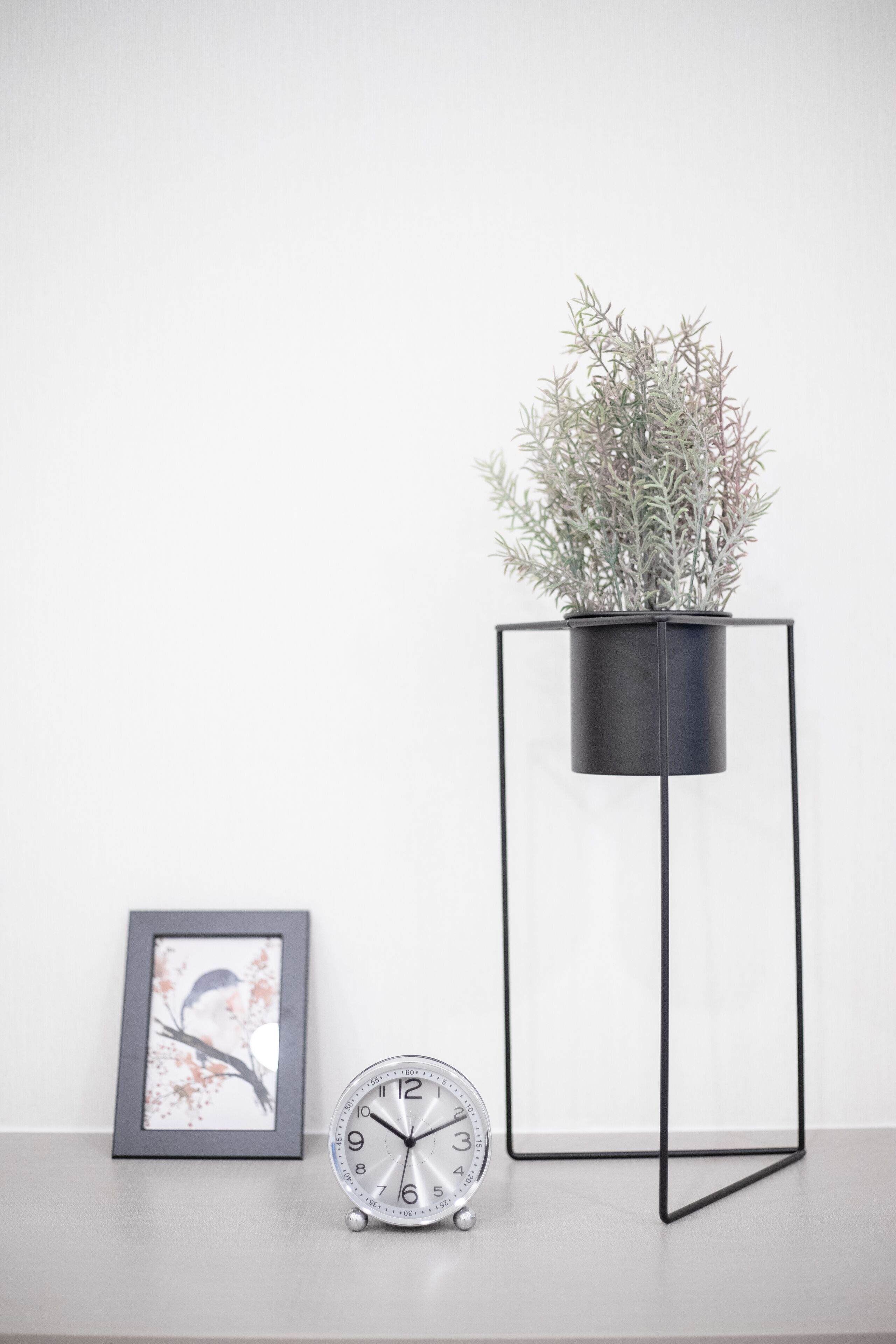 A minimalist room with a framed picture, a clock, and a potted plant on a stand.
